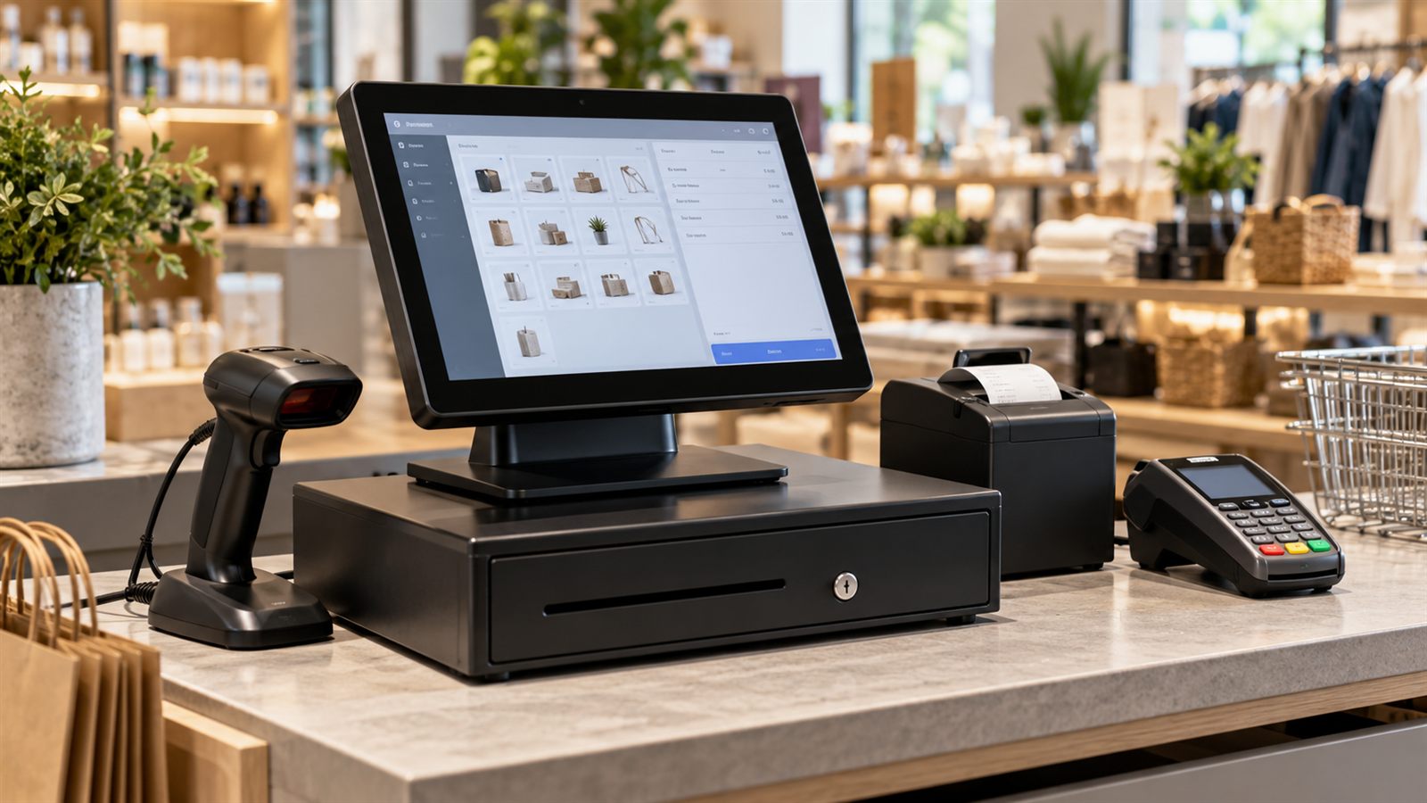 Banco cassa con monitor touch, lettore di codici, cassetto, stampante di scontrini e POS per i pagamenti