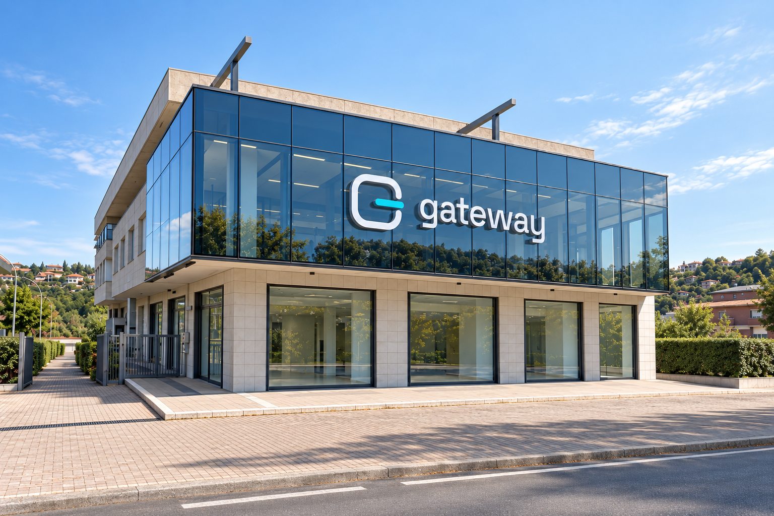La sede di Gateway Solutions a Rende, con l'insegna gateway sulla facciata in vetro