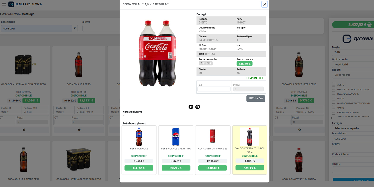 Portale B2B, scheda prodotto con foto, prezzo e quantità da ordinare