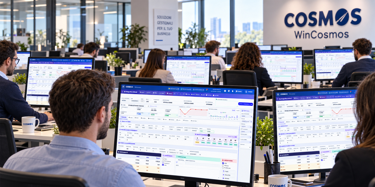Ufficio con WinCosmos aperto sui monitor delle postazioni