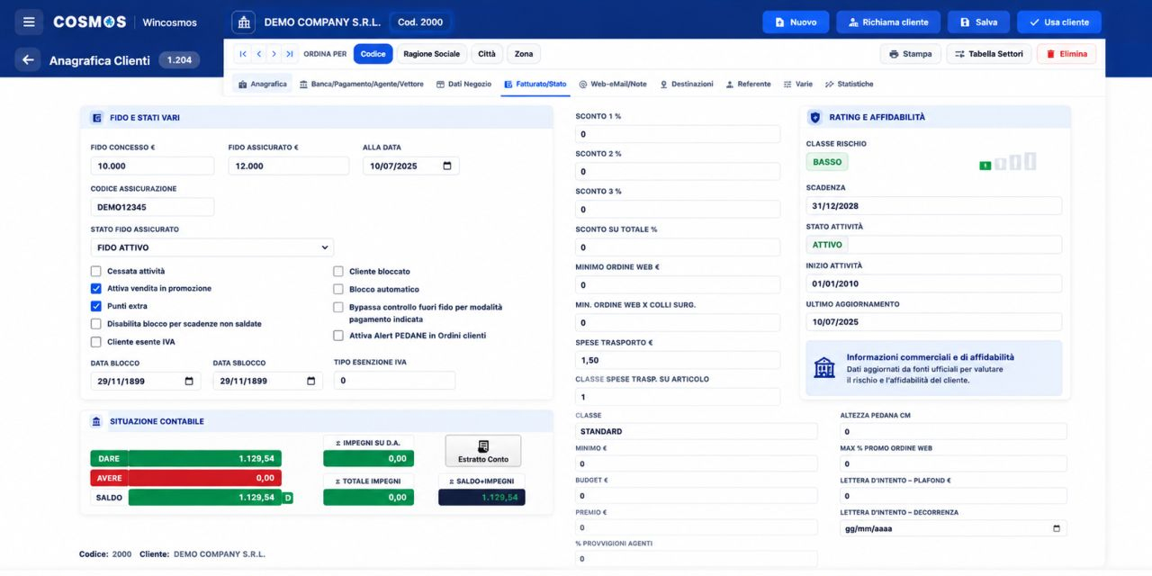 WinCosmos, anagrafica clienti con fido, situazione contabile e rating di affidabilità